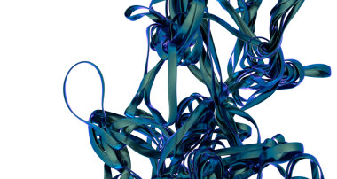 Siyah bir arkaplana karşı soyut bir kurdele heykelinin 3D görüntüsü.