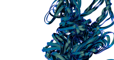 Mavi kurdelelerin soyut dijital sanatı heykel gibi bir şekle bürünmüş.