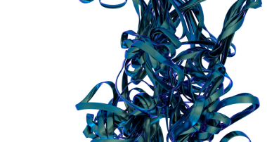 Siyah arkaplana karşı mavi metalik bir kurdele heykeli içeren soyut dijital sanat.