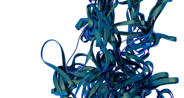 Mavi metalik kurdeleli soyut 3D görüntüleme eşsiz ve karmaşık bir şekil oluşturur.