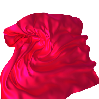 Beyaz arka planda canlı kırmızı bir ipek sıçraması. Kumaş havada akıyor ve dans ediyor.