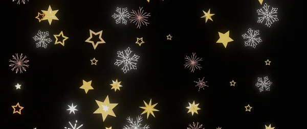 Kış Tatilleri İçin Siyah Arkaplanda Parlayan Yıldızlar ve Kar Taneleri