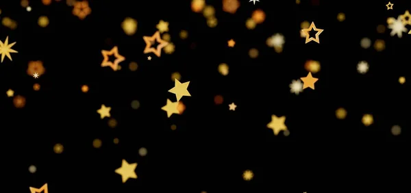 Soyut altın yıldızlar ve siyah arkaplan üzerindeki bokeh