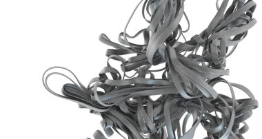 Beyaz arkaplanda dönen soyut gri kurdeleler