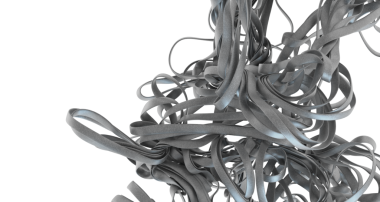 Soyut gri kurdele döngüleri parlak beyaz bir arkaplanda dönüyor