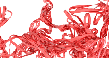 Beyaz arkaplan tasarımına karşı akan soyut kırmızı kurdeleler.