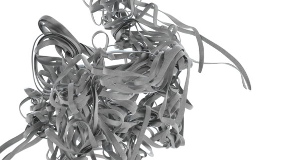 Soyut gri kurdeleler beyaz arkaplanda dolaşır ve yüzer