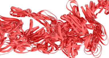 Beyaz zemin üzerinde akan soyut kırmızı kurdeleler: Dekoratif konsept