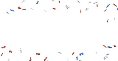 Beyaz arkaplana dağılmış soyut kırmızı beyaz ve mavi şekiller