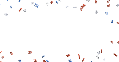 25 numaranın düşüşü, renkli kutlamalar ve beyaz arka planda süslemeler