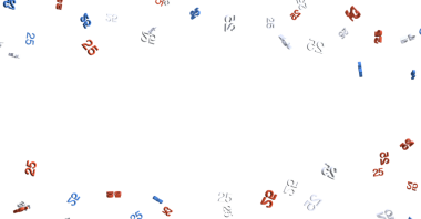 Beyaz üzerine kırmızı, beyaz ve mavi renkte dağınık 25 sayının soyut çizimi