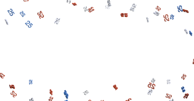 Kırmızı, mavi ve beyaz arkaplanda 25 dağınık sayının soyut çizimi