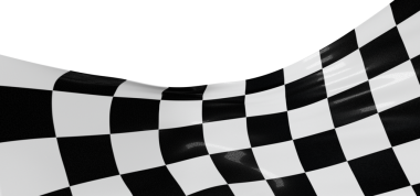 Rüzgarda dalgalanan dama tahtası bayrağı beyazda izole edilmiş.