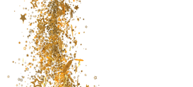 Kutlama vesilesi olarak altın yıldızlı konfeti beyaz arka plana düşüyor.