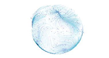 Beyaz arkaplanda küre oluşturan soyut akış çizgileri ve parçacıklar