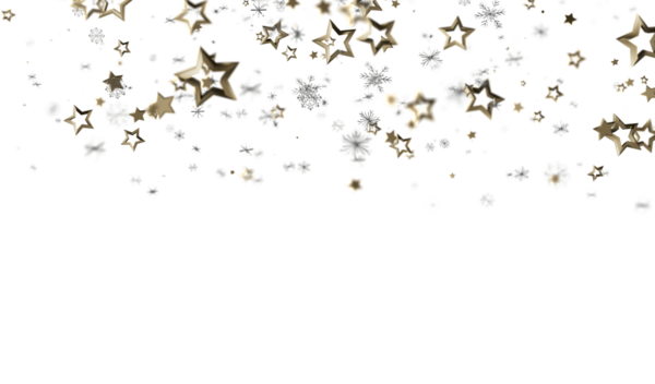 Beyaz zemin üzerinde altın yıldızlar ve kar taneleri kutlama tasarımı