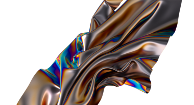 Yanardöner renkleri ve zarif kıvrımları olan soyut akıcı kumaş, stüdyo çekimi.