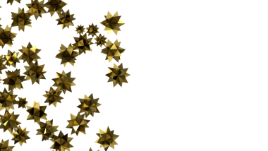 Beyaz arkaplanda düzenlenmiş soyut altın yıldız patlaması şekilleri