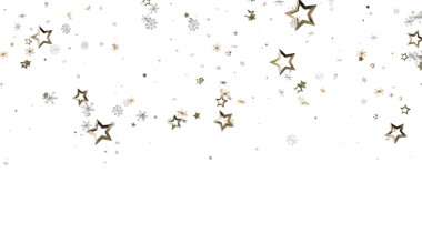 Beyaz arka planda süzülen altın yıldızlar ve kar taneleri