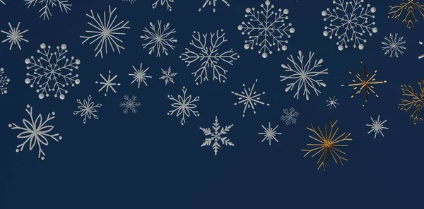 Kış kar taneleri arka planı, mavi, altın ve gümüş festival tasarımı