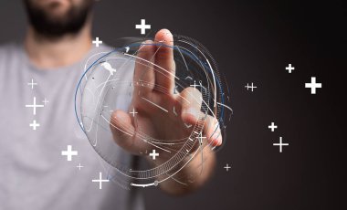 Dijital küreye dokunan adam, küresel ağ bağlantı teknolojisi kavramı