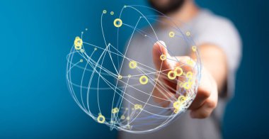 İnsanın eli bir ağ küresine değiyor, teknoloji ve iş dünyasını birbirine bağlıyor.