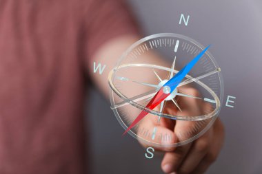 Yön ve rehberliği temsil eden kişi tarafından tutulan dijital pusula