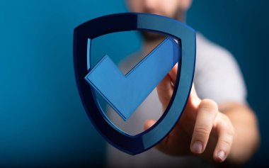 Adam 3D mavi bir güvenlik kalkanına dokunuyor, güvenlik ve kontrol işareti kavramı