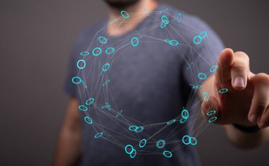 İnsanoğlu gelecekçi ağ grafiği, yenilikçi teknoloji, bağlantı ile etkileşim içindedir