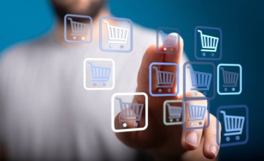 Çevrimiçi alışveriş konsepti, parmak basılı alışveriş arabası simgesi