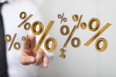 İş adamının eli altın yüzde işaretlerine dokunuyor, finans kavramı