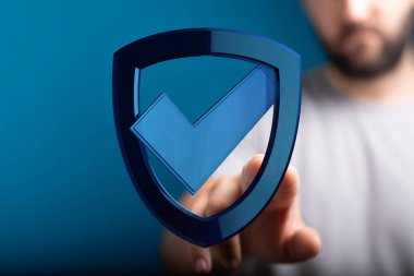 Man 's Hand Dokunma Kalkanı Simgesi Güvenliği ve Güvenliği Temsil Ediyor