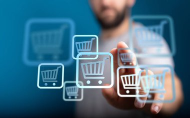 Çevrimiçi alışveriş konsepti, dijital alışveriş arabası simgelerine dokunan kişinin parmağı.