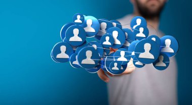 Takım çalışmasını, iletişimi ve sosyal bağlantıları temsil eden bağlı ağ kavramı.