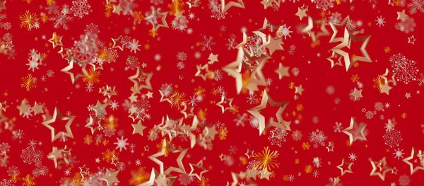 Festive Red Background with Falling Stars and Snowflakes