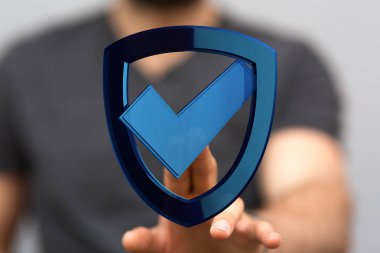 Bir adamın eli işaretli sembolle dijital kalkana uzanıyor.