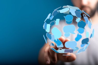 İletişim teknolojisini ve küresel bağlantıyı temsil eden konuşma baloncukları küresi