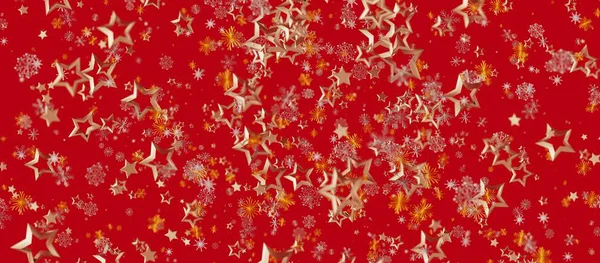 Festive Golden Stars and Snowflakes on Christmas Red Background