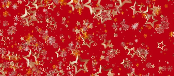 Red Christmas Background with Golden Stars and Snowflakes