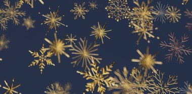 Koyu mavi arka plan tasarım elementinde zarif altın kar taneleri