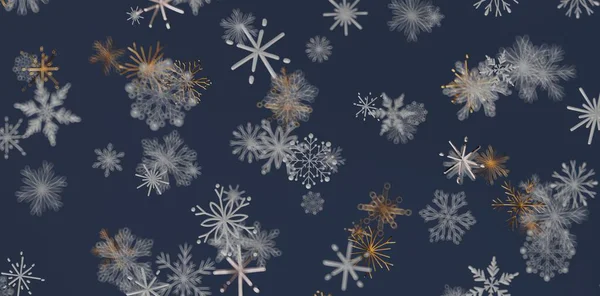 Abstract snowflake patterns against a dark blue background
