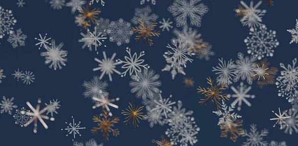 Winter snowflake background with gold and white elements on navy blue