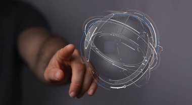 Teknoloji kavramları için dijital küreyi işaret eden el ile küresel ağ bağlantısı