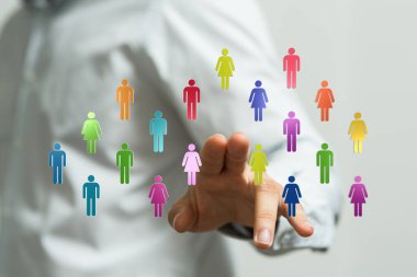 Bağlı farklı insanlar, dijital takım çalışması, çevrimiçi iletişim, küresel bağlantılar