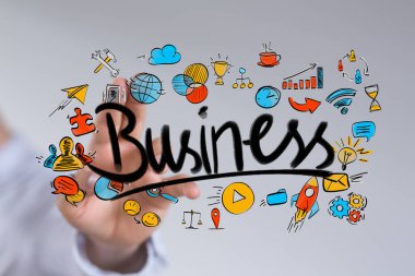 Sanal Ekrandaki Dijital İş Konsepti Simgeleriyle El Etkileşimi