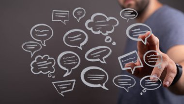 Kavramsal iletişim görselleştirmesi dijital alanda bir konuşma baloncukları ağını gösterir