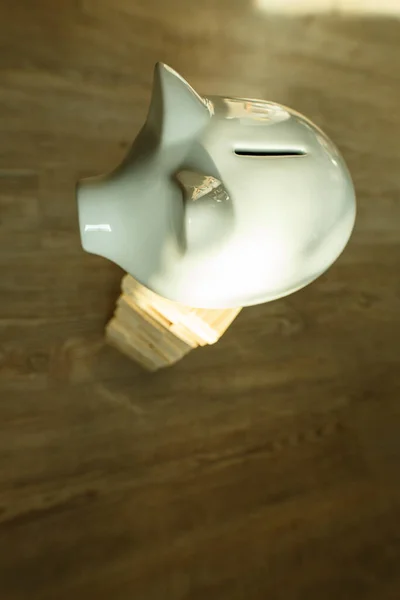 Piggy Bank with savings on wooden surface: Investment concept