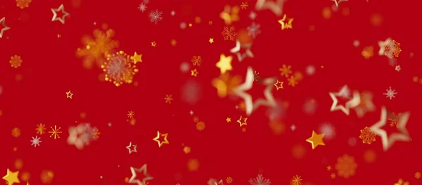 Festive Red Background with Golden Stars and Snowflakes Abstract