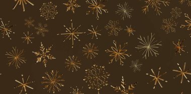 Kahverengi arka planda altın kar taneleri, zarif Noel tatili tasarımı