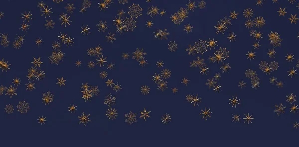 Abstract golden snowflakes falling down on dark blue background